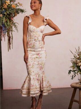 V. Chapman Cream Floral Midi Dress with Belted Waist